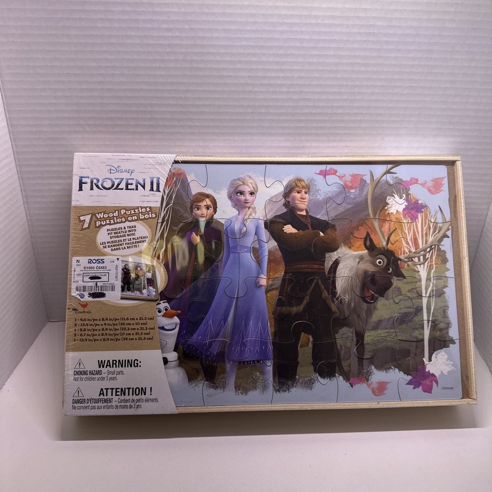 (7 PUZZLE SET) Disney Frozen II Jigsaw Puzzles- W/ Wood Storage Box - Brand New